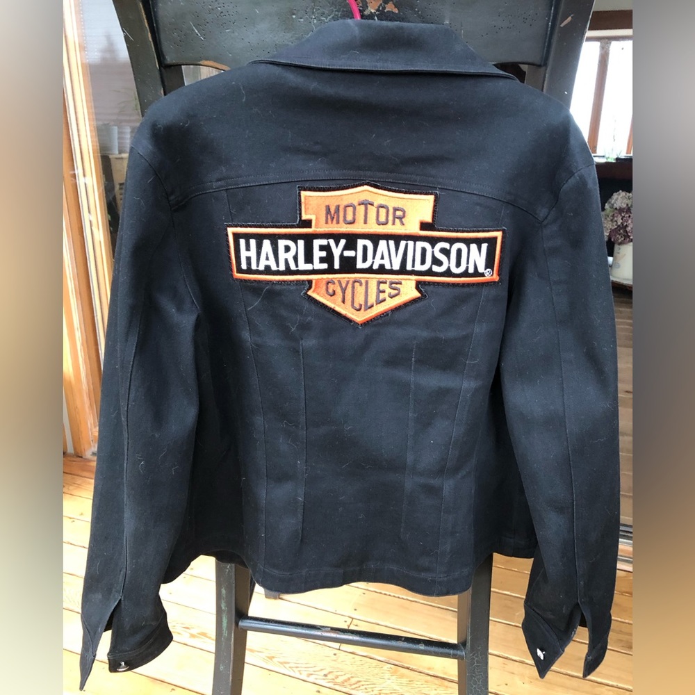 Christine Alexander denim jacket with Swarovski crystal buttons and Harley logo